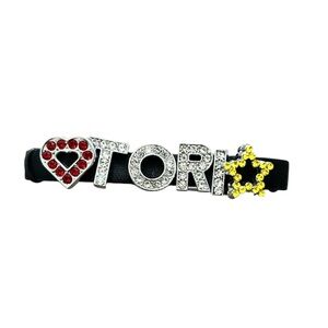 Tori Rhinestone Black Leather Link Bracelet Watch Band Y2K